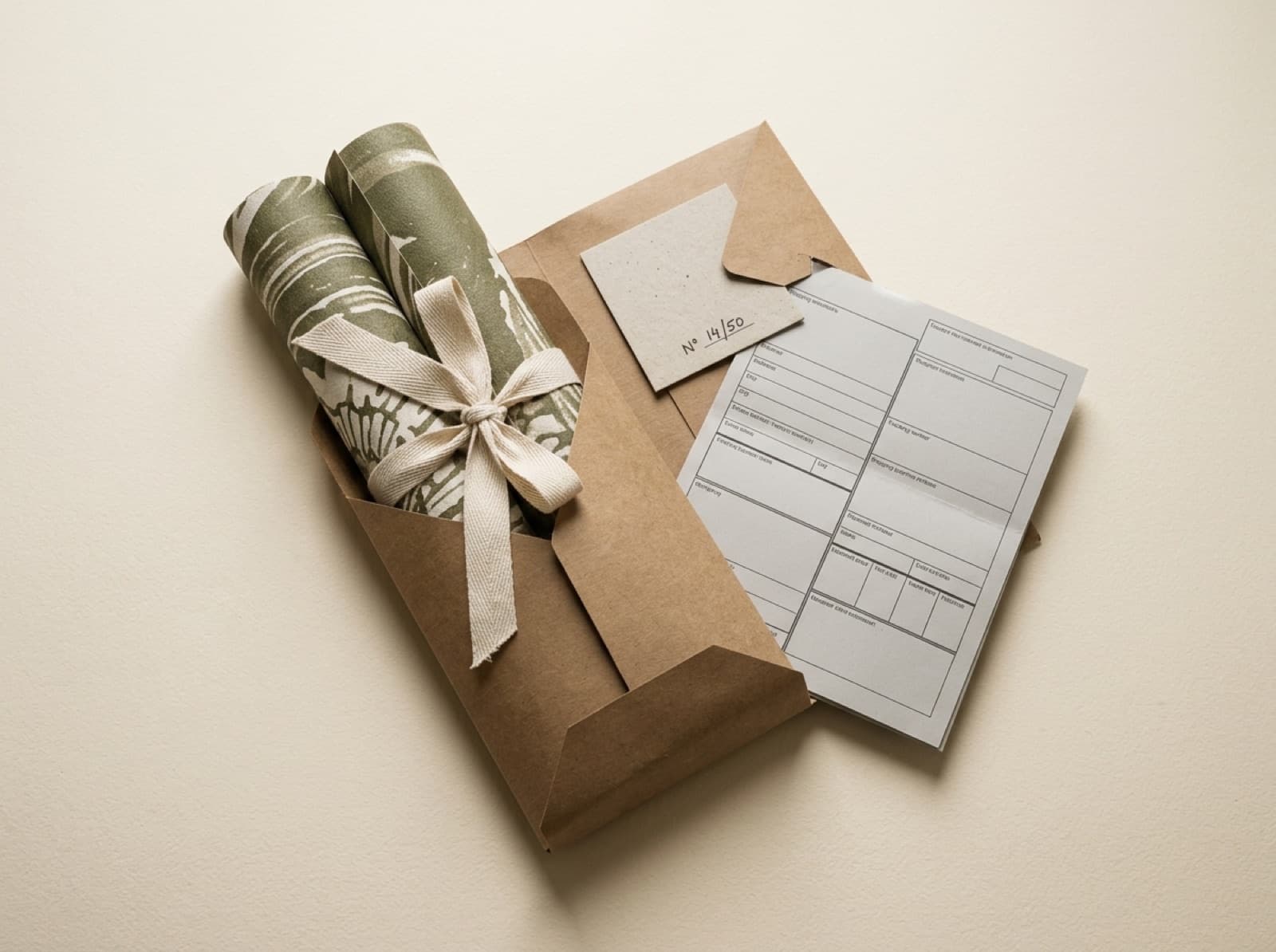 Editorial flat-lay of a PaperWalls package: rolled wallpaper, kraft sleeve, care card